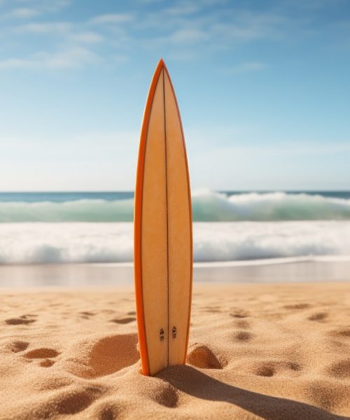 Surfboard in the sand, ocean waves behind.